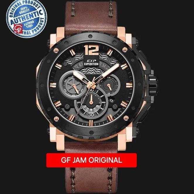 EXPEDITION E6402 E 6402 MAN BLACK ROSEGOLD LEATHER STRAP JAM TANGAN terlaris
