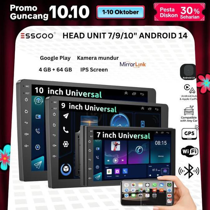 Essgoo Head Unit Android 14 Mobil 4G+64G  7/9/10 Inch 2 Din Kontrol Suhu Cerdas Ips Layer Mobil Navi
