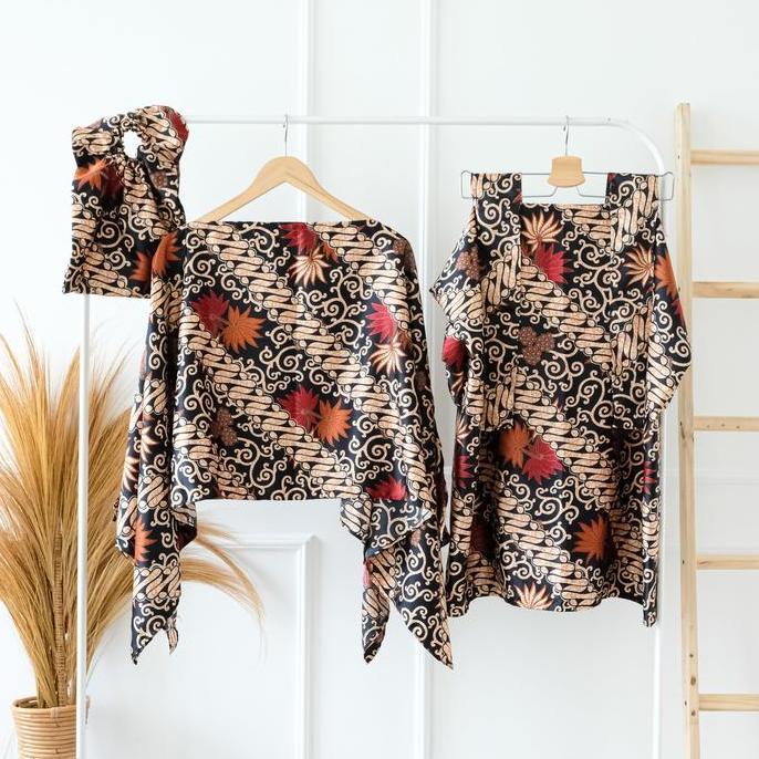 Oneset Kaftan Rok Lilit Atasan Lengan Kalong Kaftan Lebaran Kondangan Batik Modern Setelan Kaftan Ju