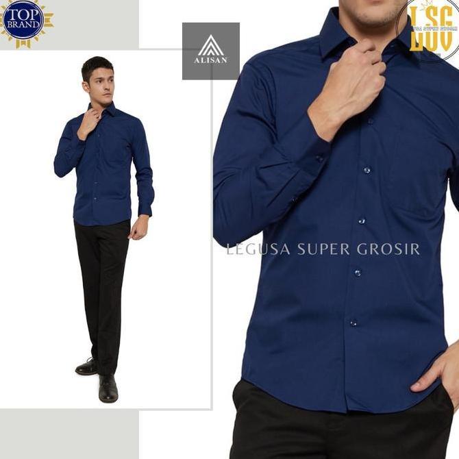 Kemeja Alisan Original Lengan Panjang Biru Dongker Slim-Fit Katun Nyaman