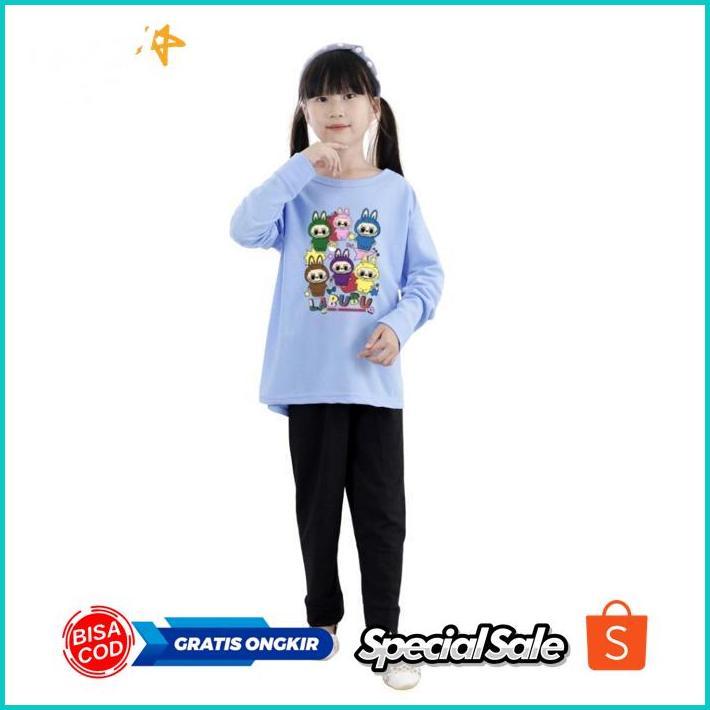 Big Sale Bisa COD Setelan tunik muslimah anak perempuan motif monster labubu untuk usia 3-11 tahun T
