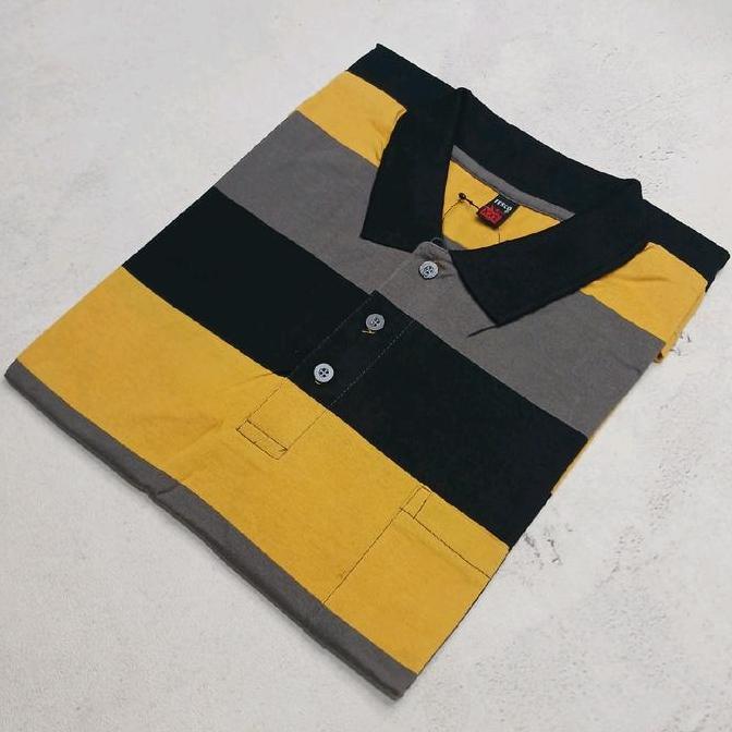 DF103 >> Baju Kaos Kerah Salur Pria Dewasa Motif Kerah Katun Salur Bapak Kantong Depan Lengan Pendek