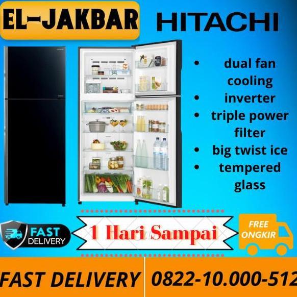 BEBAS ONGKIR - HITACHI R-VGX48PGD9-GBK kulkas 2 pintu led light 407 liter glass black
