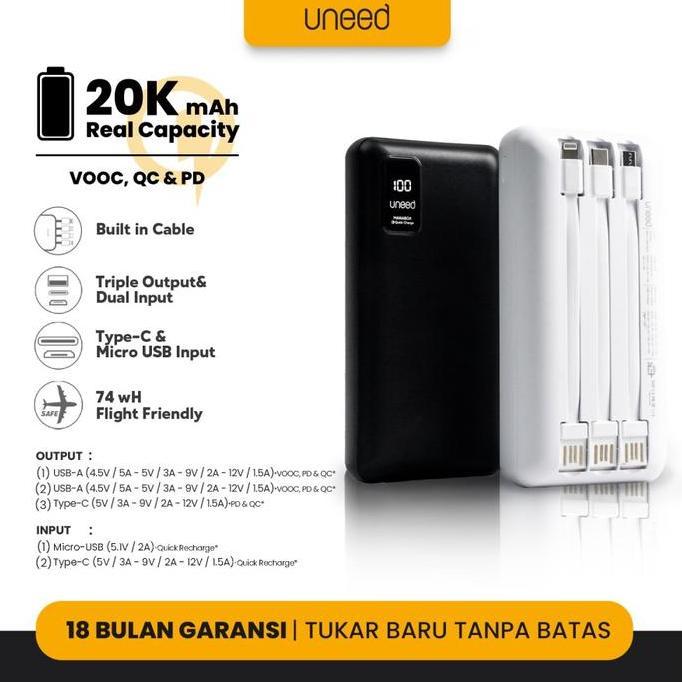Powerbank UNEED B20 20000mAh Built in Cable Fast Charging 2.1A Black White