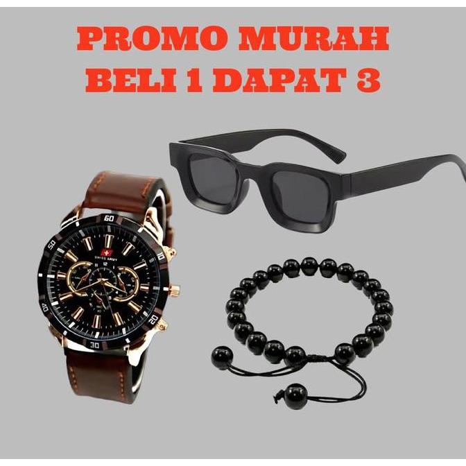 DR172 - BELI 1 DAPAT 3  Jam Tangan Pria Masa Kini Model Tali Kulit Crhono Variasi Bonus Kacamata Ker