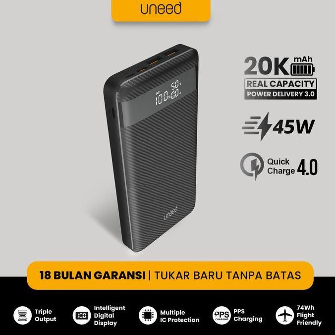 UNEED 20000mAh Powerbank Support Laptop 45W QC 4.0 PD 3.0 PPS - UPB152 Baterai Led