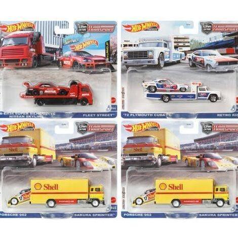 FLF56-956R - HOT WHEELS TEAM TRANSPORT 2022 1/64 SET of 4 PORSCHE NISSAN ER34 LBWK PLYMOUTH