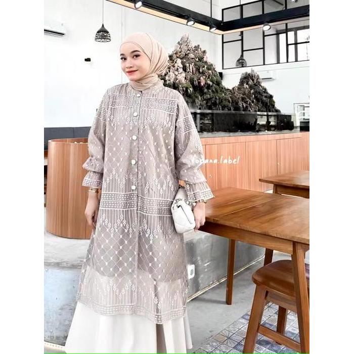 ALUNA LONG TUNIK BRUKAT PREMIUM BUSUI FRIENDLY ATASAN WANITA MUSLIMAH TUNIK LEBARAN TERBARU - CREAM,