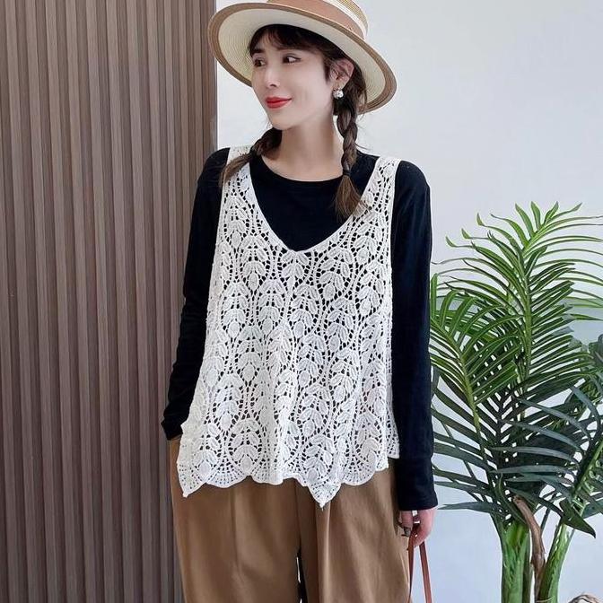 BLUS VEST TOP RAJUT CROCHET RENDA LACE PUTIH GADING IVORY V NECK KUTUNG IMPORT (tanpa dalaman)