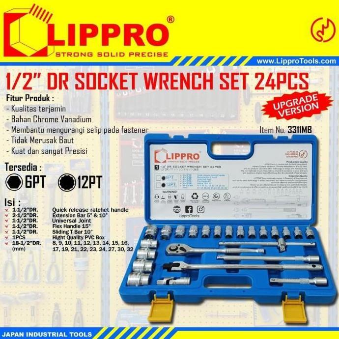 KUNCI SOCK SET 24 PCS 1/2" LIPPRO 6 PT KUNCI SOK SHOCK SET 8 - 32 MM
