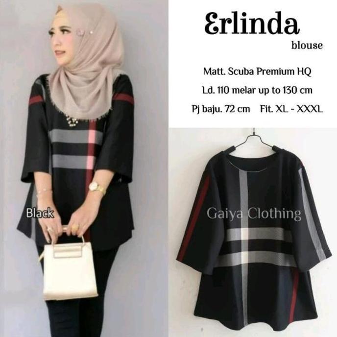 Promo BLOUSE ATASAN WANITA OVERSIZE SCUBA MOTIF KOTAK -ERLINDA Baju Nyaman Navy COD