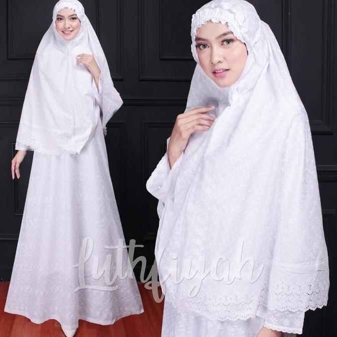 Terbaru Gamis Katun Umroh  / Stelan Gamis Putih Bergo Katun Polos Bunga Putih Hitam Haji Wanita  Jep