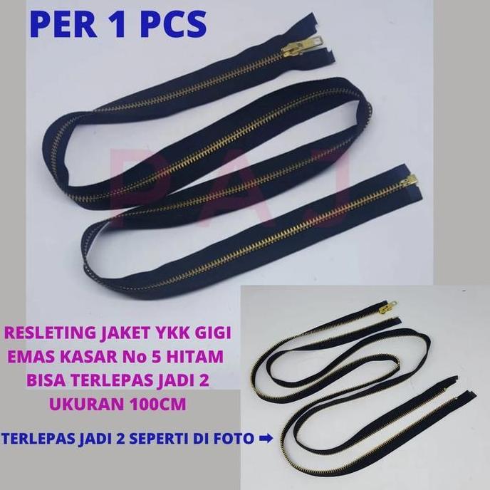 ASLI Resleting Jaket YKK Gigi Emas Kasar no 5 Warna Hitam ukuran 100cm