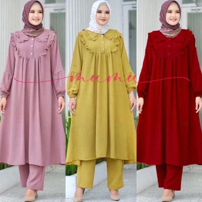 Mumu - Julita Setcel Tunik + Celana Bahan Crinkle / Setelan Celana Wanita / Clairine Set Setelan Wan