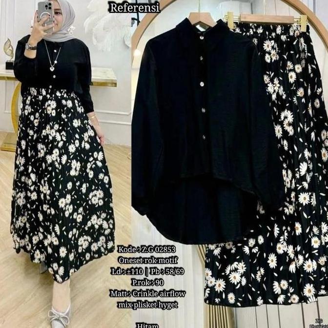 Set Rok Plisket Bunga Matahari | Rok Plisket Hyget | Atasan Cringkel Airflow One Set Rok Muslimah Mo