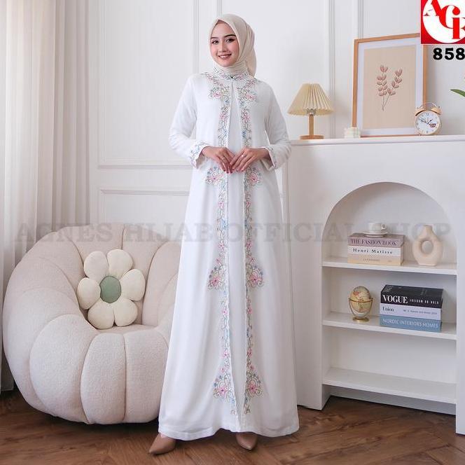 - Noura Dress Gamis Putih Baju Muslim Wanita Terbaru Lebaran Haji Umroh Simple Elegan Abaya Bordir B