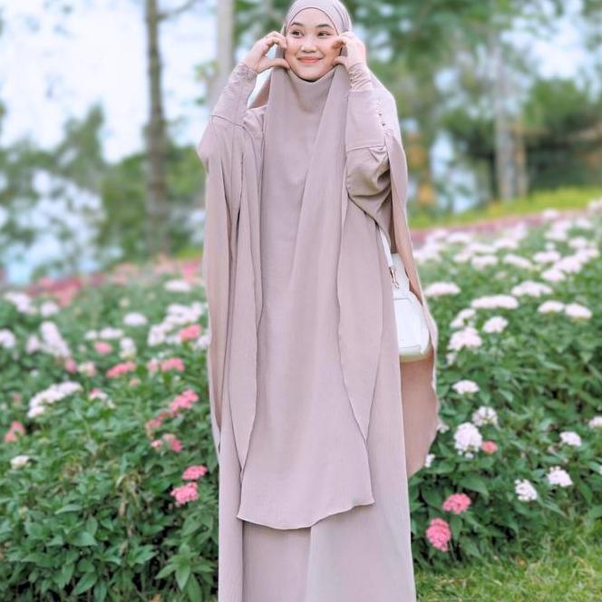 Medina One Set Syar'I Umrah Haji Abaya + Long French Khimar Gamis Umroh Wanita Dress Muslim Cey Iron