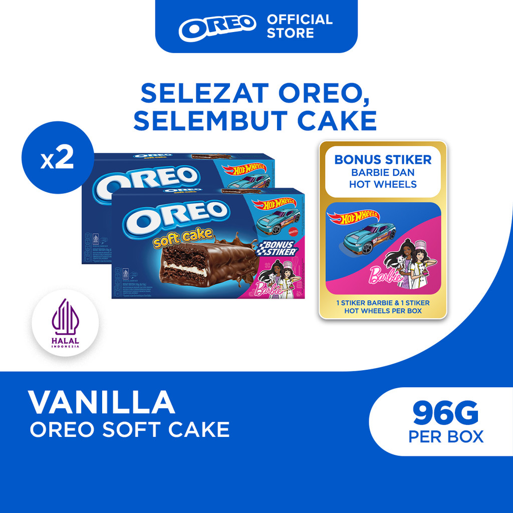 2pcs Oreo Soft Cake 96g, Kue Bolu Cokelat dengan Krim Rasa Vanila BONUS Stiker Barbie & Hot Wheels -