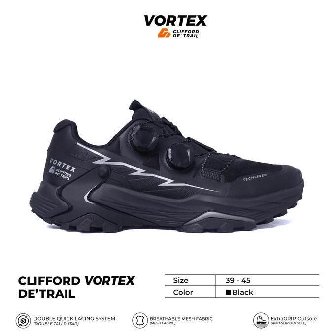 Clifford Vortex De'Trail Sepatu Trail Running Hitam Dengan Double Quick Lacing System Dan Extragrip 