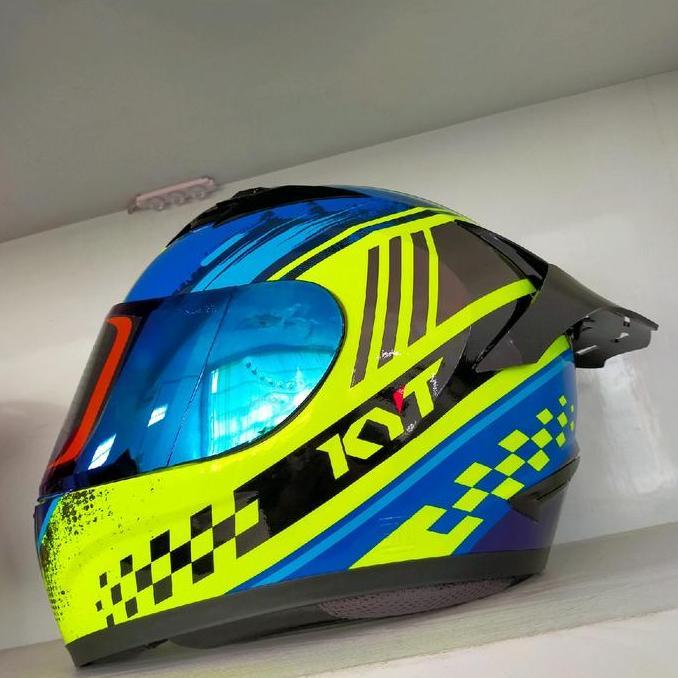 Helm fullface kyt R10 seri 4 yellow paket ganteng visor blue