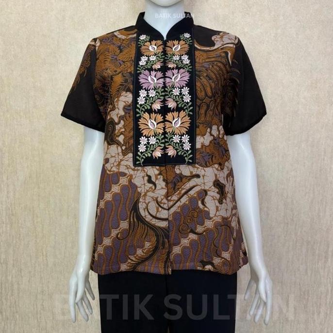 Atasan Batik Blouse Wanita Lengan Pendek Bordiran Premium Kain Katun Doby Elegan l Batik Cewe Mewah 