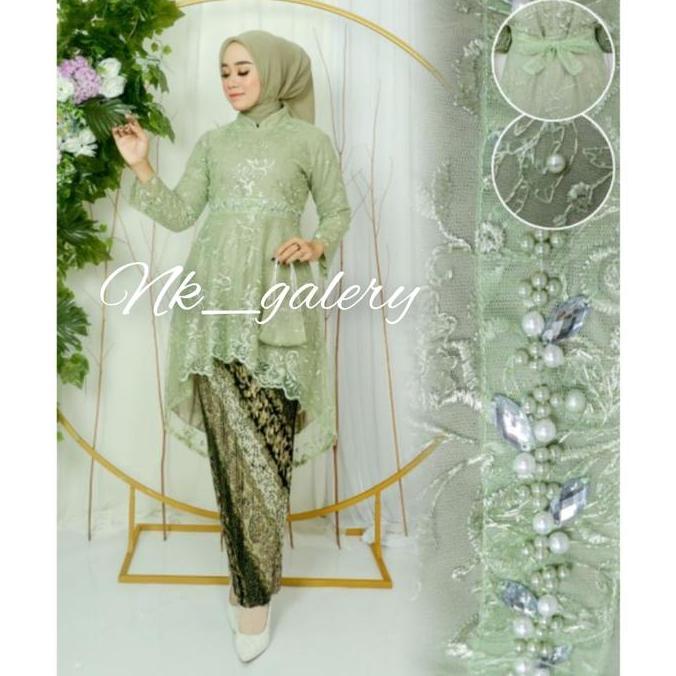 Couple Kebaya Sage Green Batik CM Sage mutiara panjang  payet  pendek  lilit  wanita  tunik  dewasa 