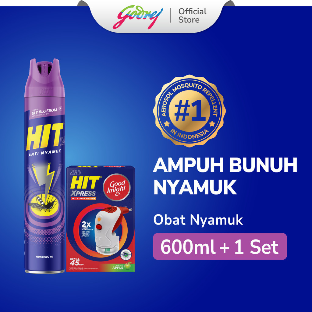 Hit Aerosol Lily Blossom 600ml + Hit Good Knight Xpress Set - Obat Nyamuk Elektrik - Bunuh Nyamuk Pe
