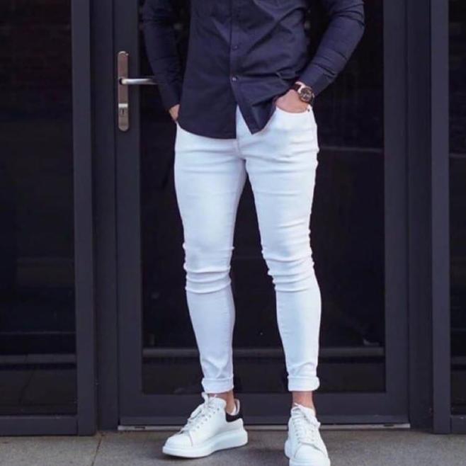 Celana Jeans Pria Slim Fit Celana Jeans Putih Polos Pria
