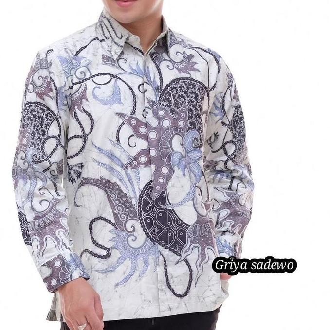 Kemeja Batik Tulis Pria Lengan Panjang Motif Naga - Putih