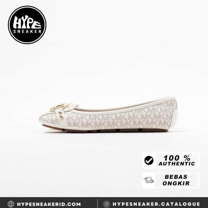 Sepatu MICHAEL KORS MONOGRAM WHITE GHW FLAT SHOES 100% ORIGINAL