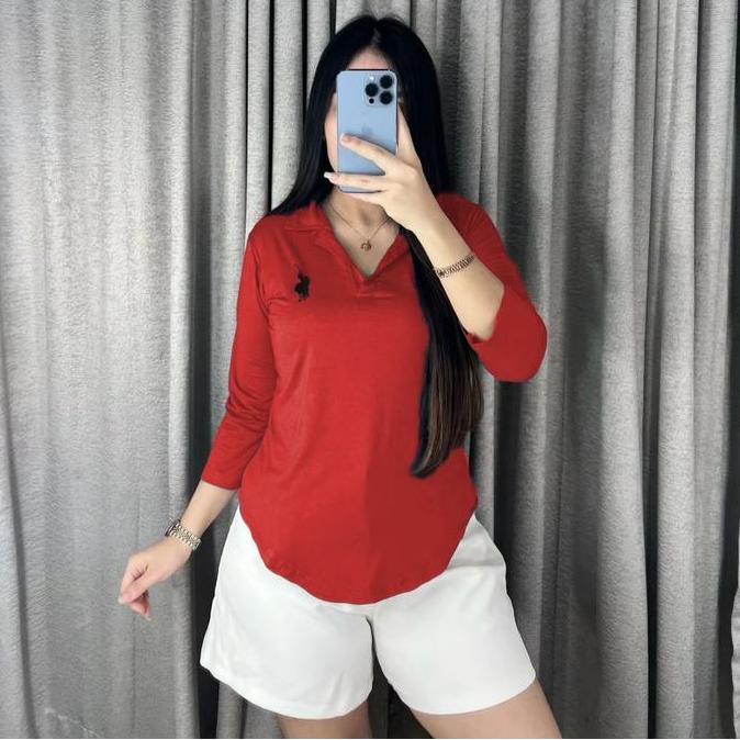 DB191 - Karina Bordir - Kaos Bordir Kerah V Lengan Panjang 7/8 - Atasan Baju Polo Oversize Berkerah 