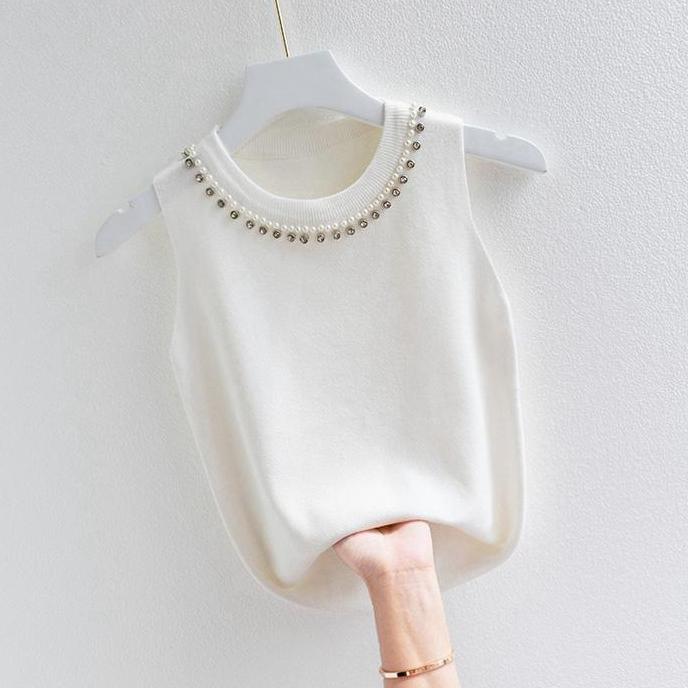 DB119 - HCLL Atasan Lengan Buntung Kombinasi Mutiara Molve - Baju Atasan Rajut Import Premium