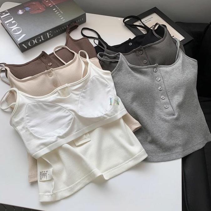 DF301 >> Tank Top Bra with Cup Busa Tanpa Kawat untuk Wanita Dengan 5 Kacing Depan Tali Kecil Spaghe