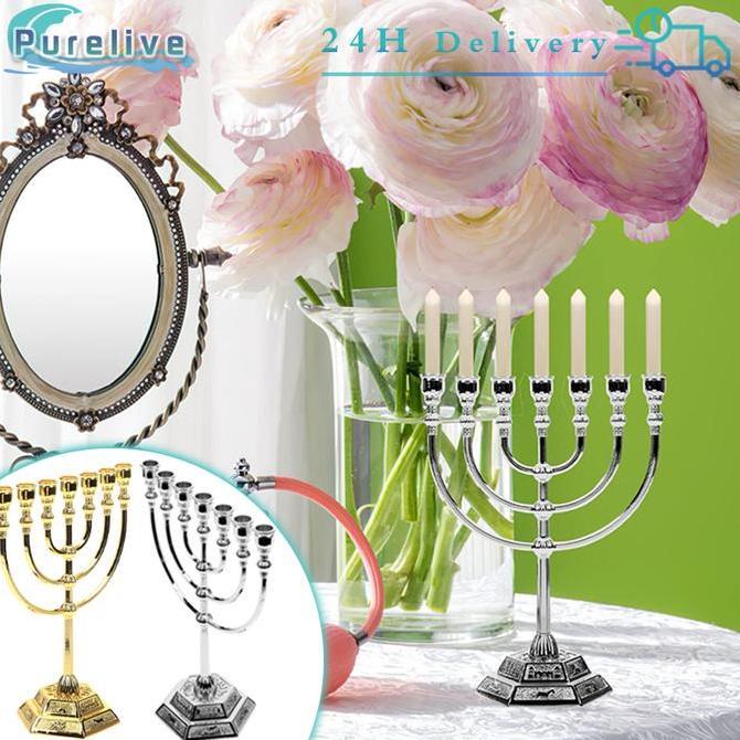 17cm Menorah Hanukkah Kaki Dian 7-Branch Dekorasi Pajangan Menorah Souvenir Rohani Profetik