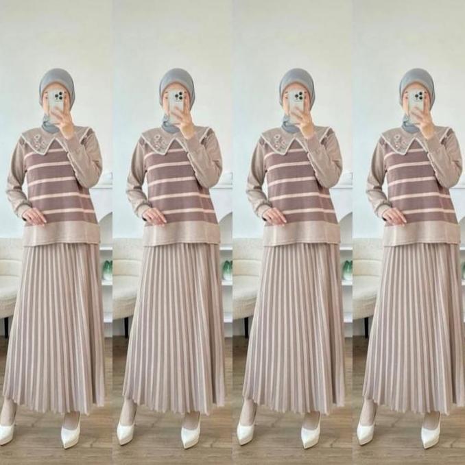 BMF2 - Setelan Rok Bordir Plisket SR 689 One Set XL Rib Knit Pakaian Fashion Muslim Wanita Panjang T