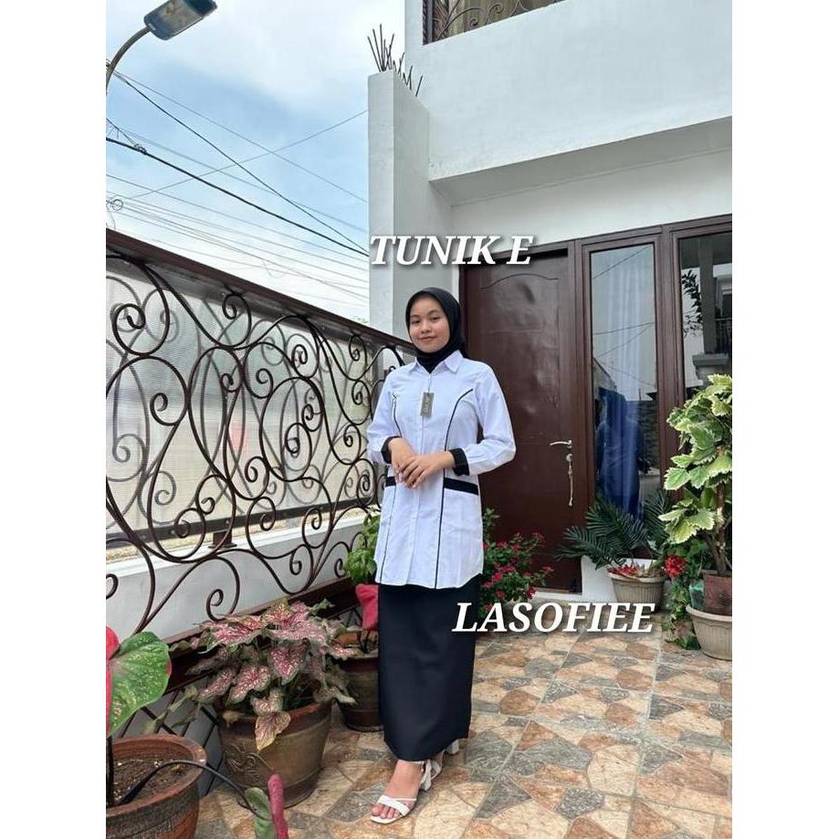 Sofi 6 -KUMPULAN one set SETELAN TUNIK PUTIH LASOFIE bahan katun Putih Atasan Baju Wanita Muslim Pan