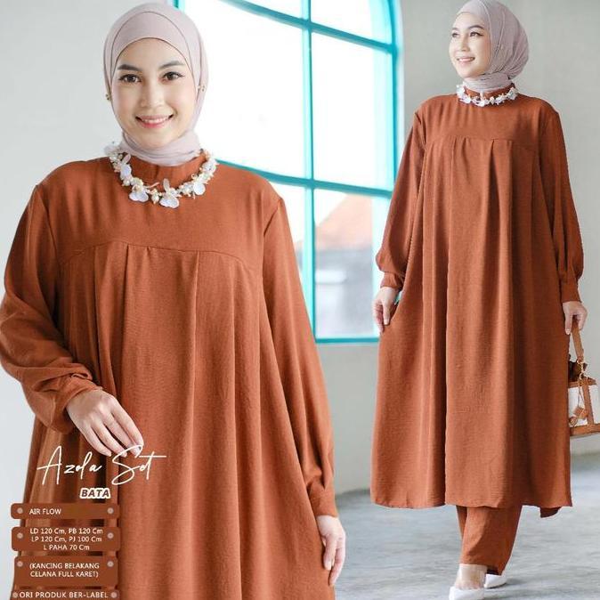 Azola Setelan Wanita Muslim Airflow Motif Polos One Set Baju Celana Hijab Style