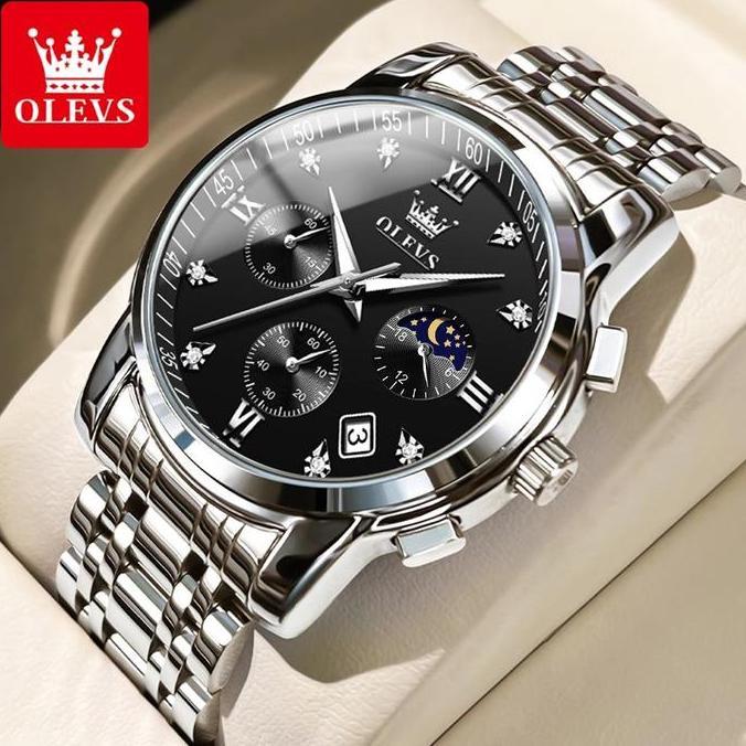 Olevs Jam Tangan Pria Anti Air Original Stainless Steel Chrono Aktif Cowok Luminous Kalender Analog 