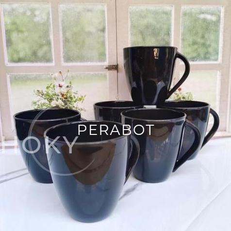 12 PCS CANGKIR MELAMIN BULAT GAGANG TEBAL HITAM MELAMIN FIRAL PS