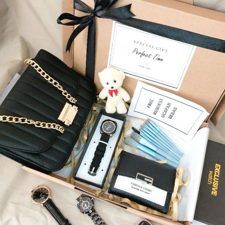 Terbaru Hampers Gift Box Cewek / Wanita Exclusive Untuk Kado / Hadiah Isi Jam Tangan || Tas || Dompe