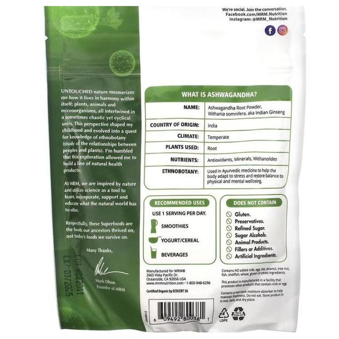 Mrm Nutrition Organic Ashwagandha Root Powder 113 G Original