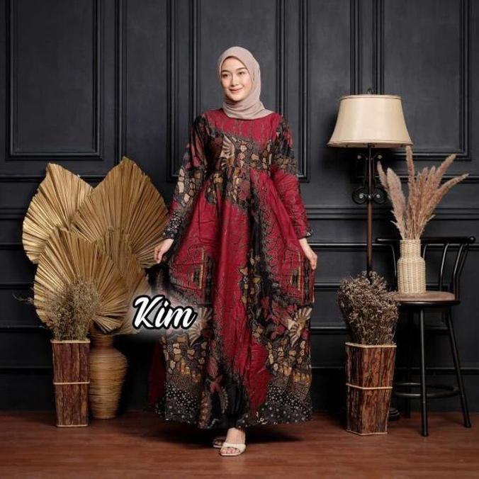 Batik Kitacoople - BAJU BATIK COUPLE Motif Manuk Tarung Maroon Gamis Tunik Hem Tangan Panjang Keluar