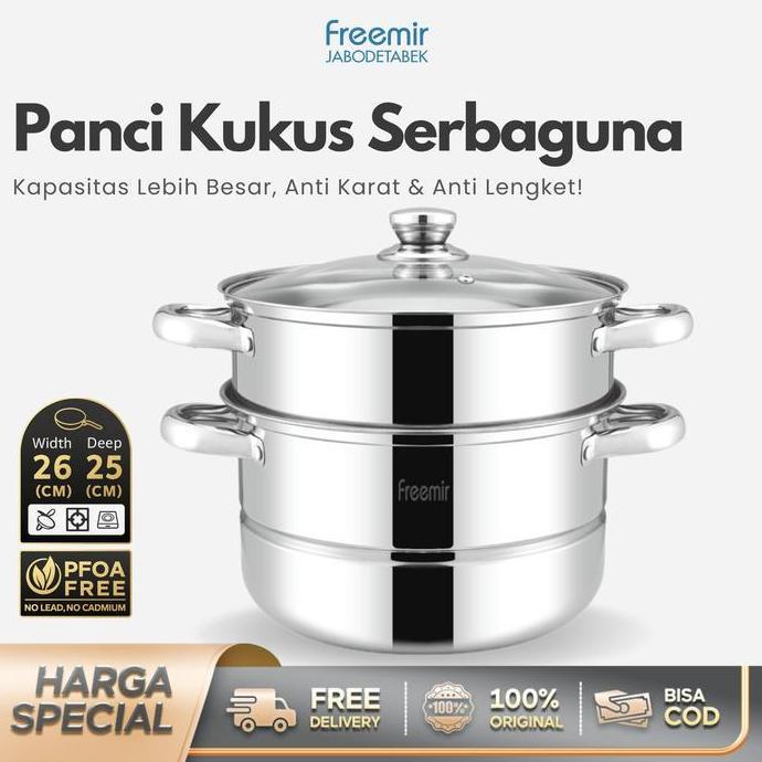 [MEGA SALE] freemir Panci Kukus 2 Susun 24/26cm Panci Wajan Stainless Jumbo Anti Karat Cocok Untuk K