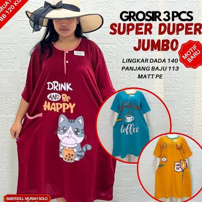 ( Grosir Isi 3 Pcs Super Duper Jumbo ) Daster Tidur Wanita Bahan Kaos Muat Bb 120Kg Lingkar Dada 140