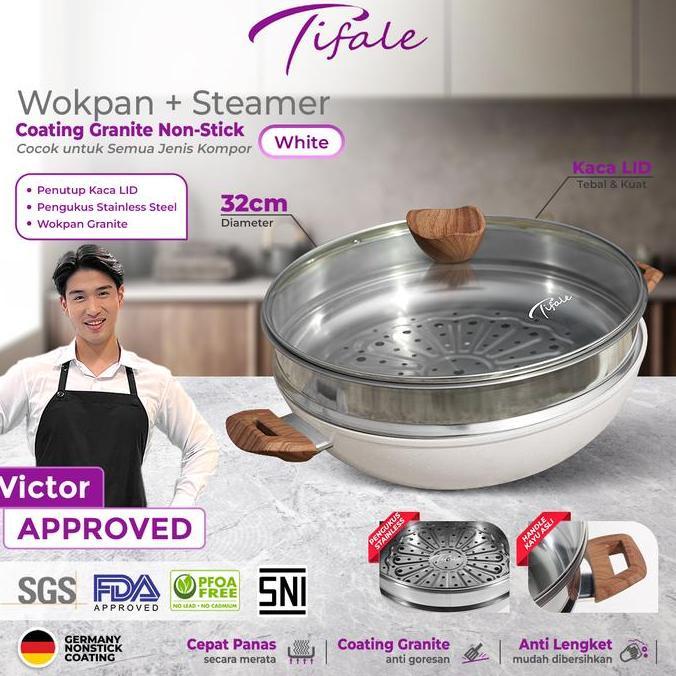 [VICTOR APPROVED] Tifale [2IN1] WHITE Wokpan Diameter 32cm + Glass Lid + Granite Steamer Non Stick /