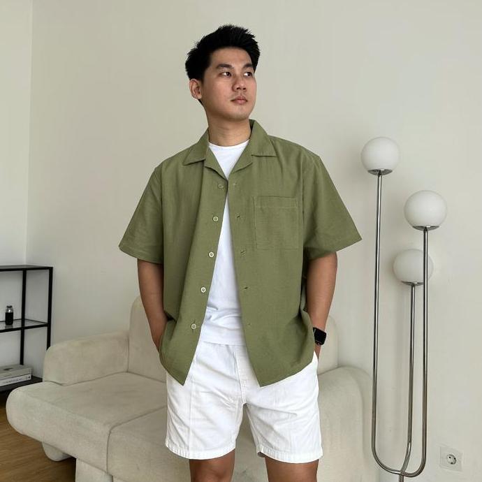 COZYCLUB CUBAN BOWLING Shirt Linen Premium | Kemeja Bowling Kerah Terbuka Lengan Pendek Baju Dark Gr