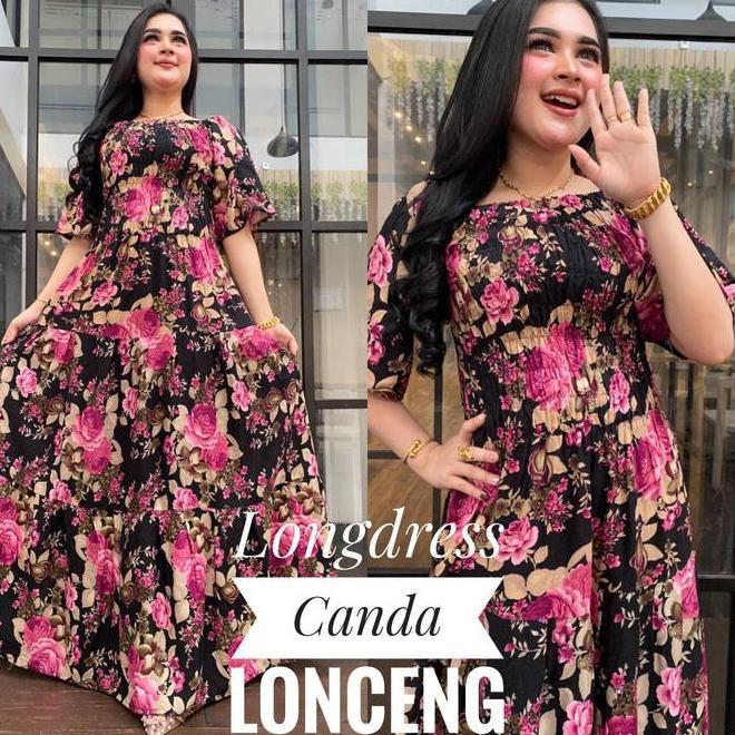 Longdress Canda Lonceng Motif Mawar Casual Dress Simple Karet  Nyaman Katun Lembut Panjang Rayon Mid