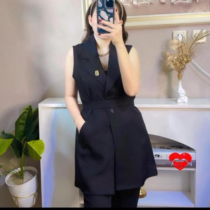 Vest Blazer Panjang Berkantong Sudah Berserta Belt Tebal Wanita Hitam Casual