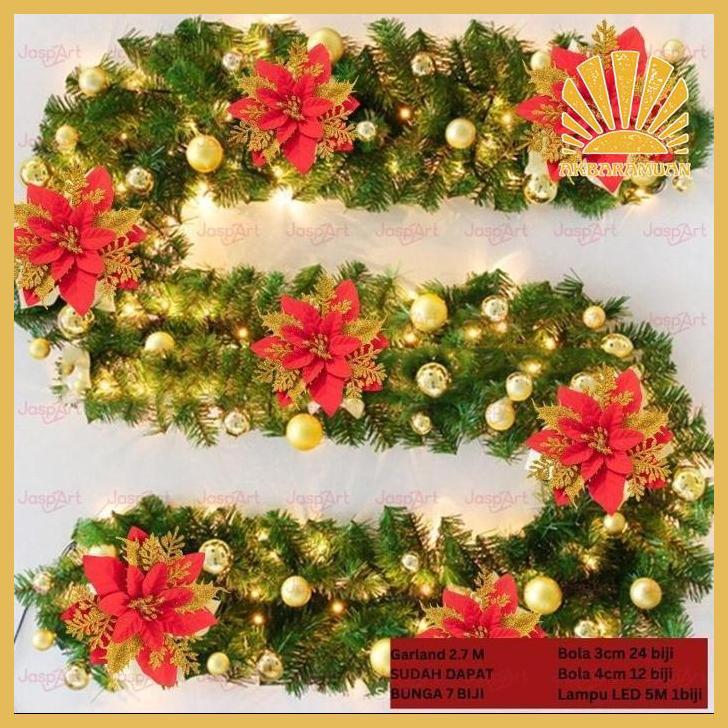 GB29 Garland Natal Daun Garland Hijau Aksesoris Pohon Natal Hijau panjang 2,7 Meter Garland PVC full