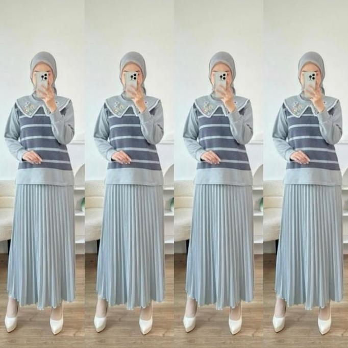 BMF2 - Setelan Rok Bordir Plisket SR 689 One Set XL Rib Knit Pakaian Fashion Muslim Wanita Panjang T